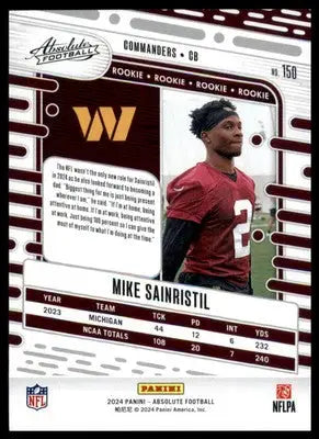Mike Sainristil Rookie 2024 Panini Absolute Retail #150 Washington Commanders - Football Card Single