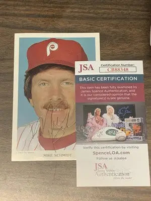 Signed Mike Schmidt baseball card with authentication featuring Philadelphia Phillies autograph