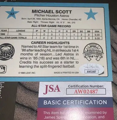 Michael Scott Donruss Action baseball card with JSA certification Houston Astros Signed