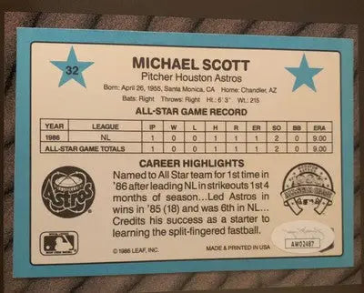 Michael Scott baseball card from Donruss Action featuring Mike Scott of the Houston Astros