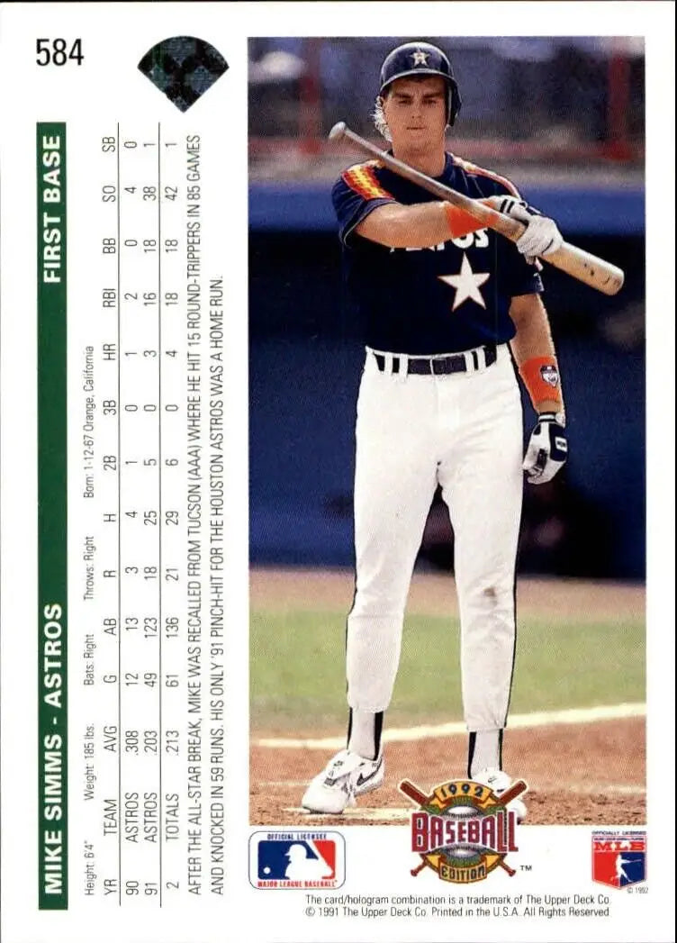 Mike Simms 1992 Upper Deck MLB #584 Baseball Card Houston Astros - Baseball Card Single