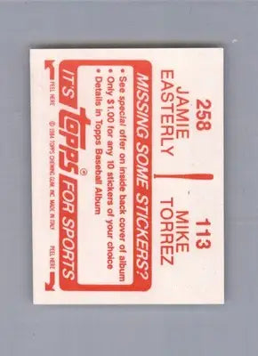 Mike Torrez / Jamie Easterly - 1984 Topps Stickers - #113 / 258 - Baseball - Baseball Card Single