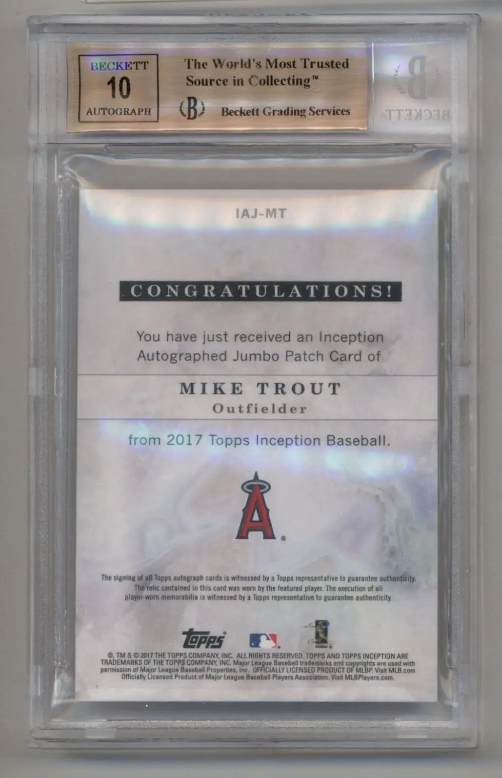Mike Trout 2017 Topps Inception Auto Jumbo Patch #IAJMT 45/50 BGS 9.5 Gem Mint - Baseball Card Single