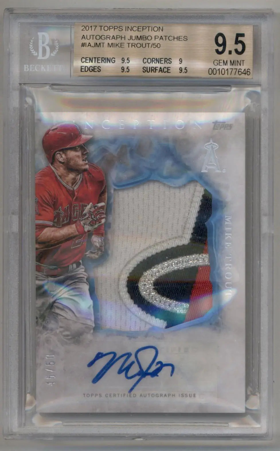 Mike Trout 2017 Topps Inception Auto Jumbo Patch #IAJMT 45/50 BGS 9.5 Gem Mint - Baseball Card Single
