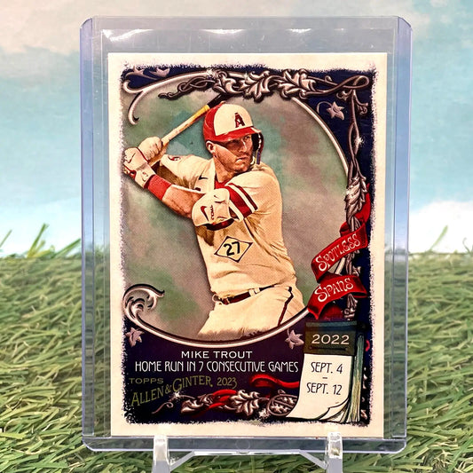 Baseball card featuring Mike Trout in batting stance with vintage Topps Allen design