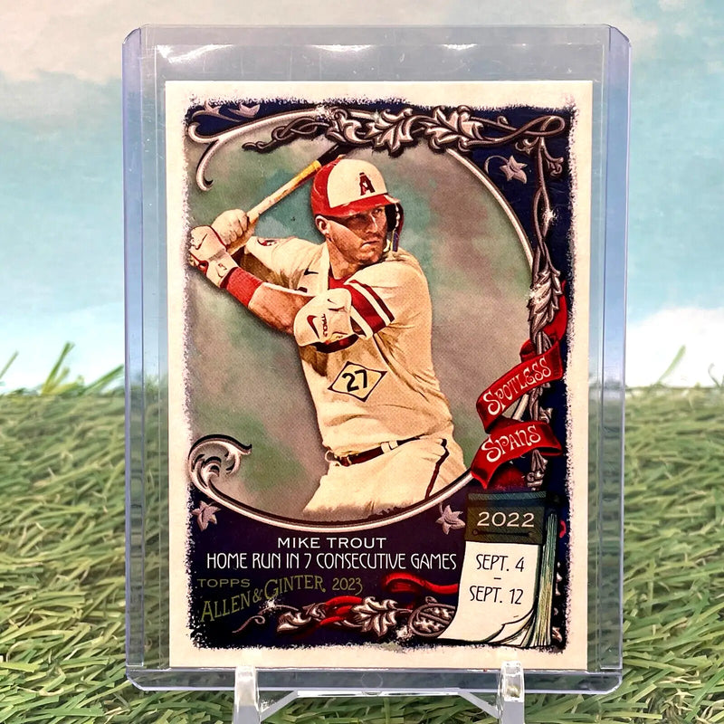 Baseball card featuring Mike Trout in batting stance with vintage Topps Allen design
