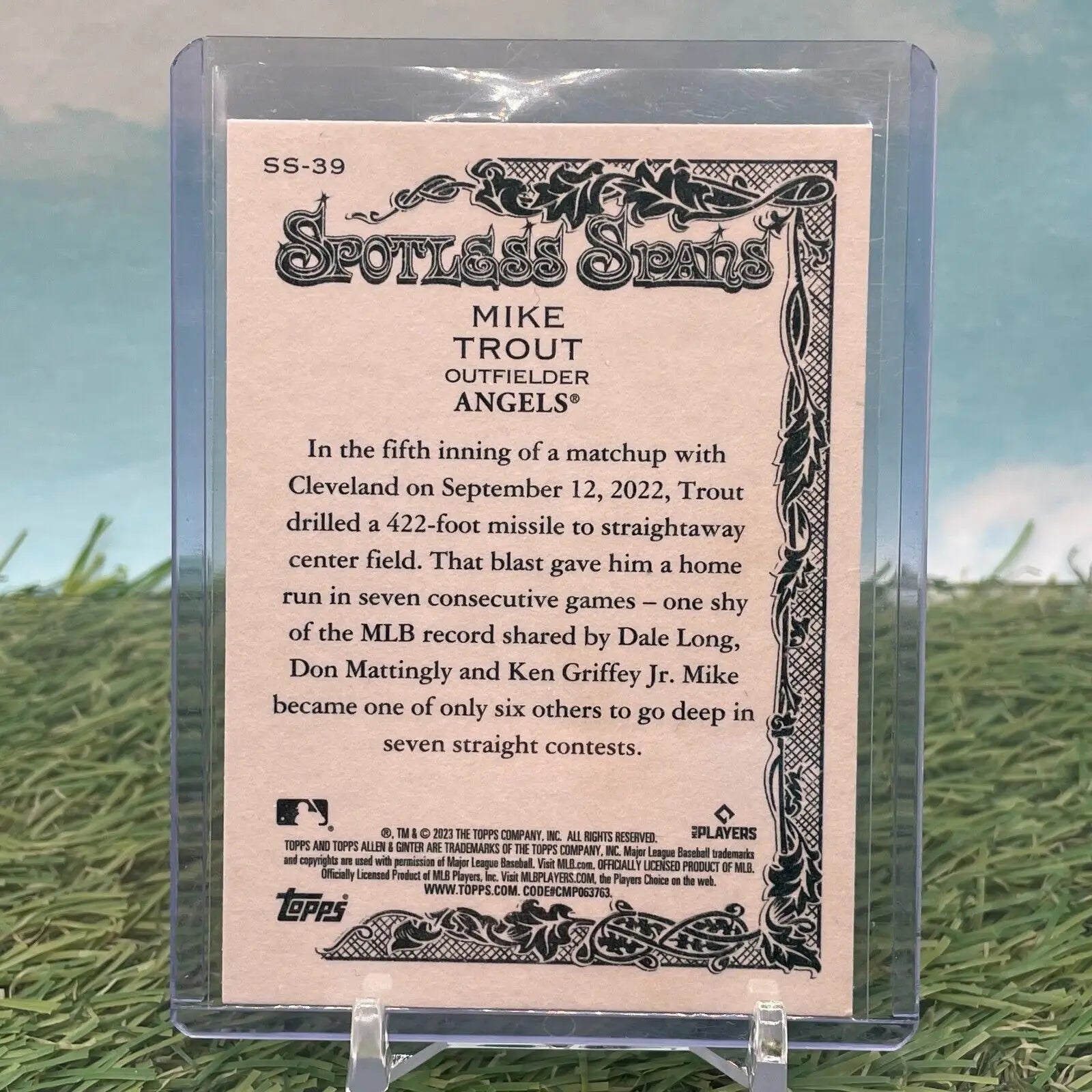 Mike Trout 2023 Topps Allen & Ginter card highlighting Spotless Spans home run streak