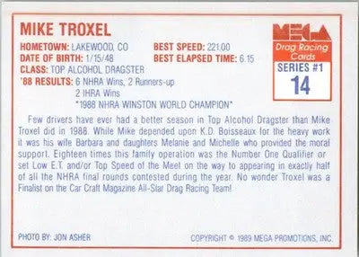 Mike Troxel - 1989 Mega Drag - #14 - Racing - Racing Card Single