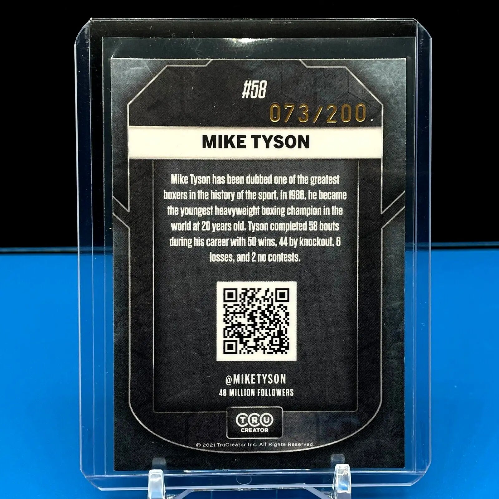 Trading card of boxing champion Mike Tyson with QR code from Tru Creator Creators Collection
