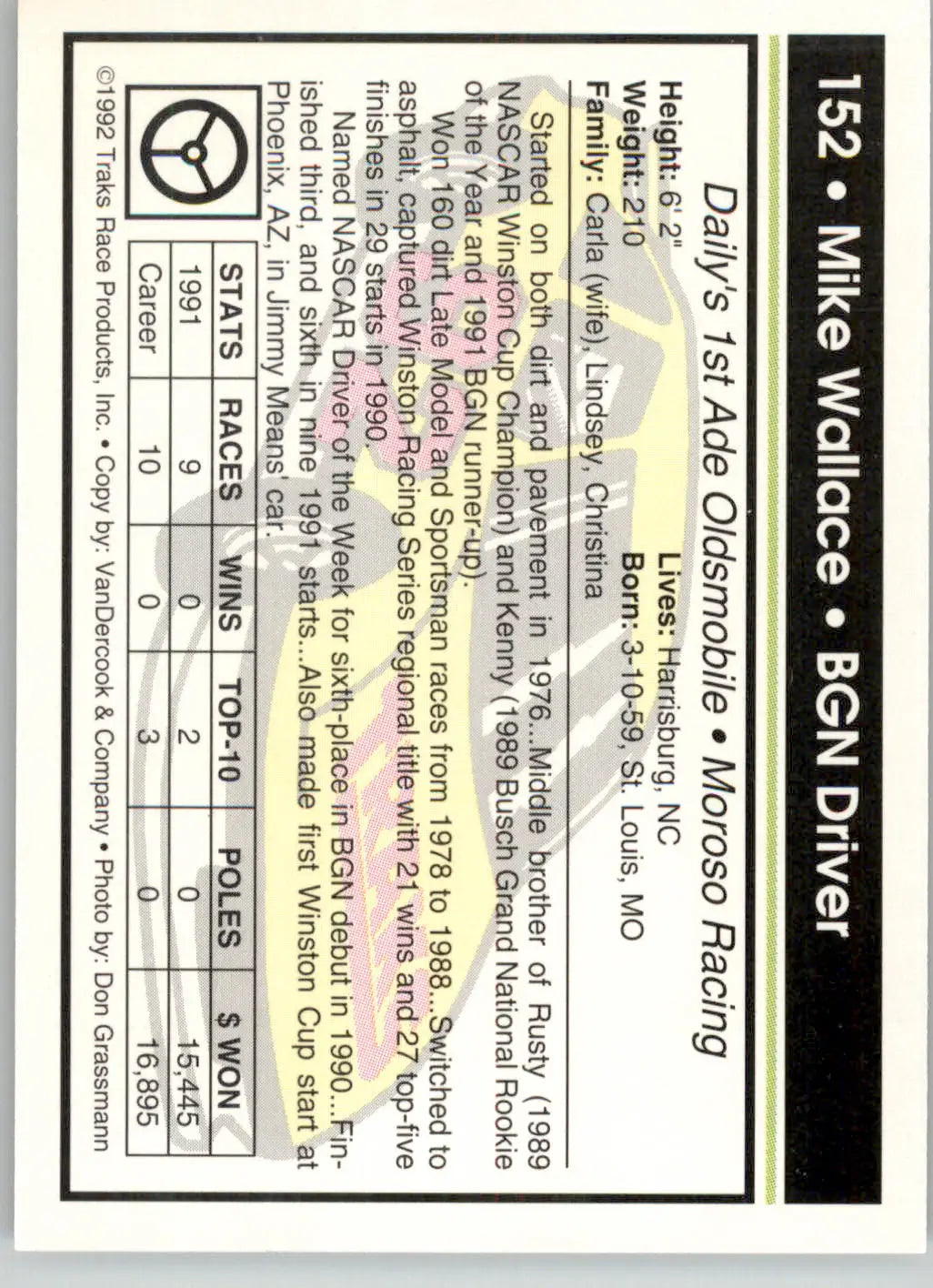 Mike Wallace - 1992 Traks - #152 - Racing - Racing Card Single