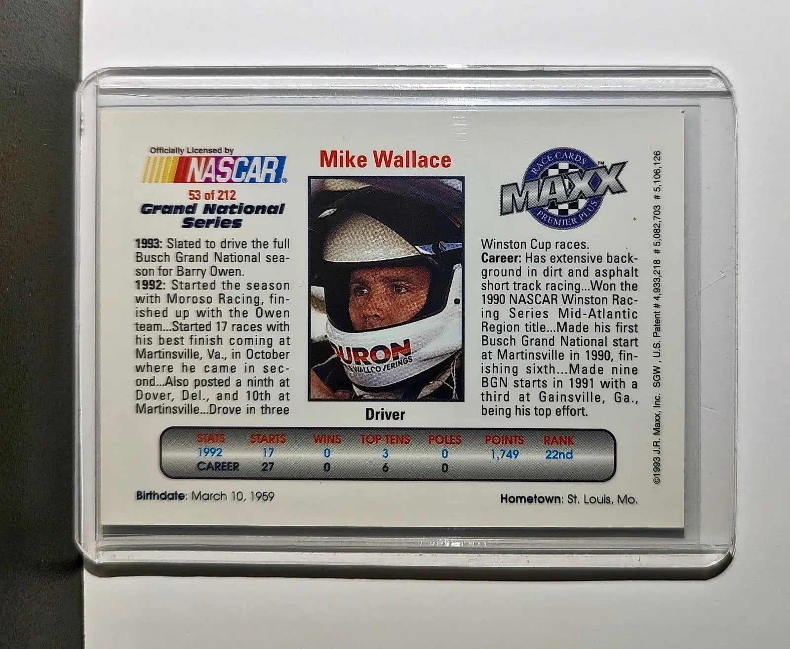 Mike Wallace 1993 Maxx Premier Plus Racing #53 NASCAR Card Owen Racing - Racing Card Single