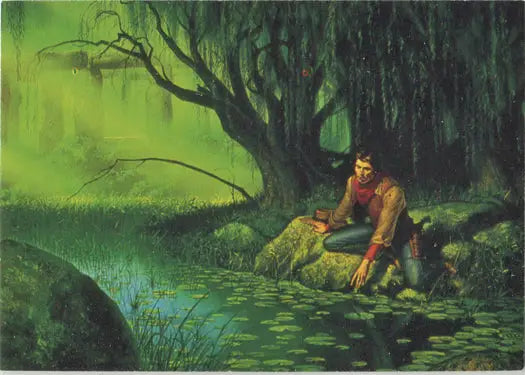 Man by a pond in a misty forest featured on Mike Whelan II trading card