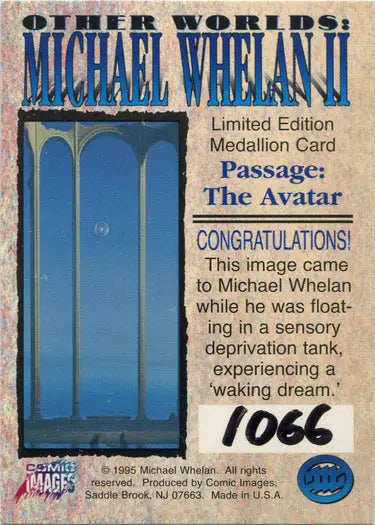Blue arched doorway on dark background in Mike Whelan II trading card design