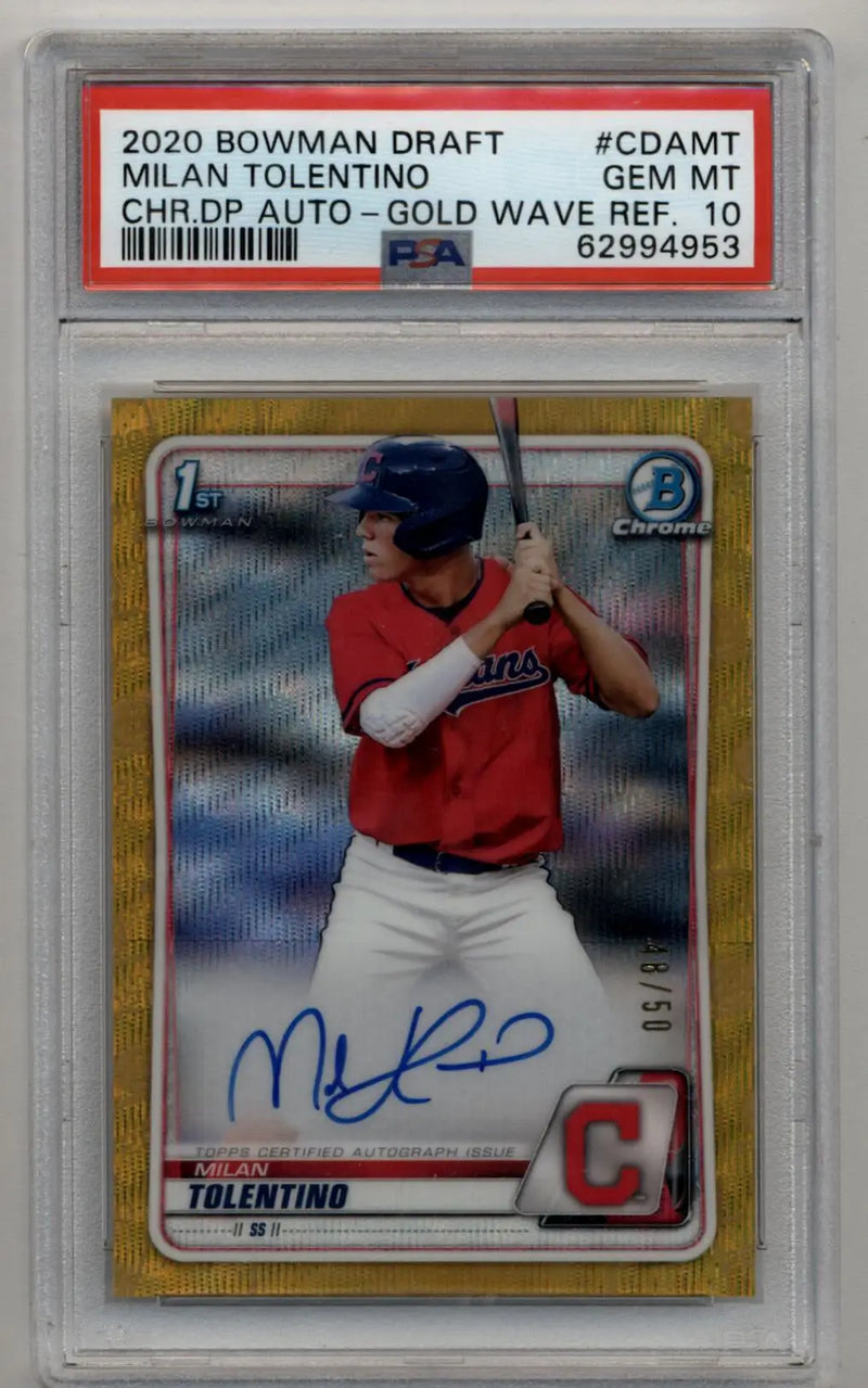 Milan Tolentino 2020 Bowman Chrome Draft Picks Gold Wave Refractor Auto 48/50 PSA 10 Gem Mint - Baseball Card Single