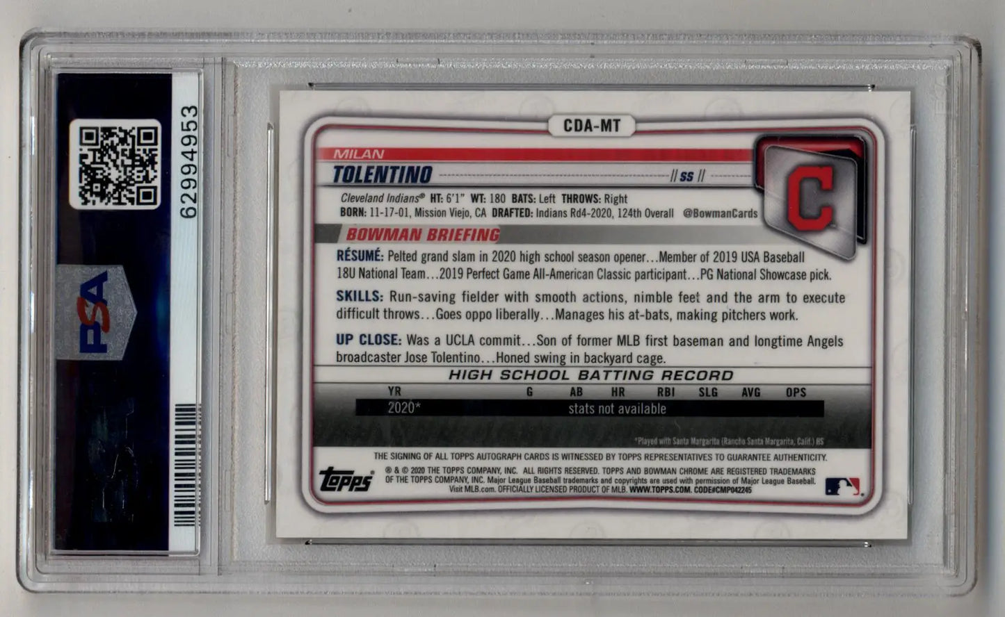 Milan Tolentino 2020 Bowman Chrome Draft Picks Gold Wave Refractor Auto 48/50 PSA 10 Gem Mint - Baseball Card Single
