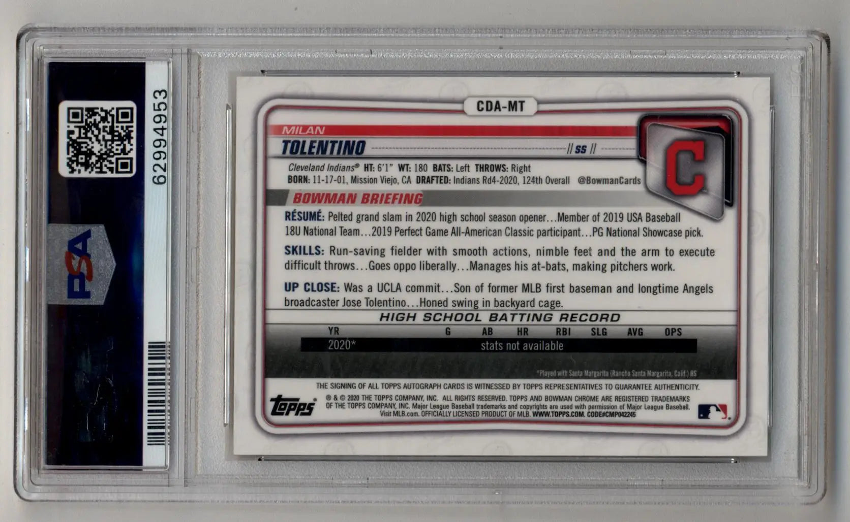 Milan Tolentino 2020 Bowman Chrome Draft Picks Gold Wave Refractor Auto 48/50 PSA 10 Gem Mint - Baseball Card Single