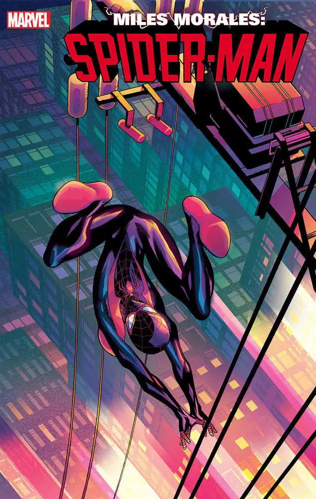 Miles Morales swinging in a black and pink suit from Spider-Man trading cards