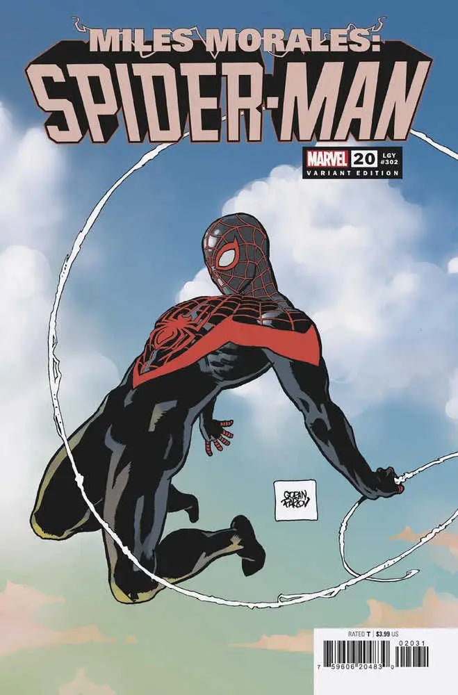 Miles Morales in black and red suit leaping, featured on Trading Cards variant