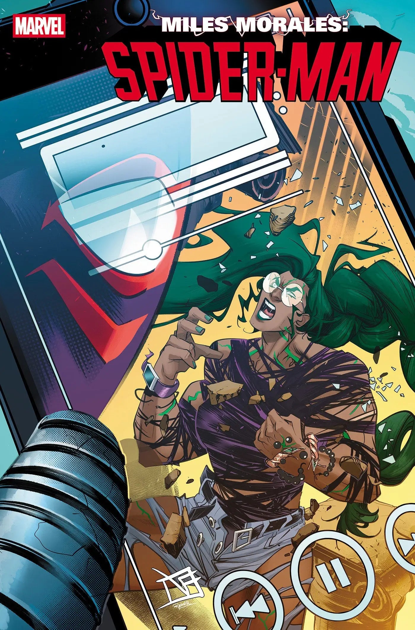 Comic book cover of Miles Morales Spider-Man issue 34 featuring vibrant artwork