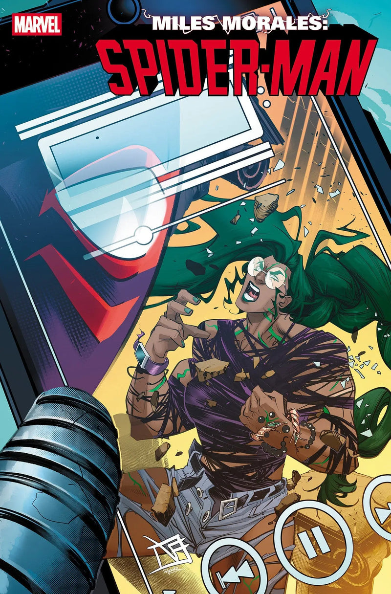 Comic book cover of Miles Morales Spider-Man issue 34 featuring vibrant artwork