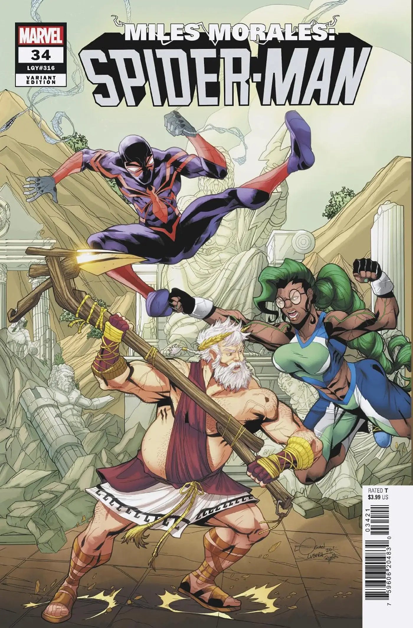 Comic book cover of Miles Morales Spider-Man #34 with Logan Lubera connecting variant