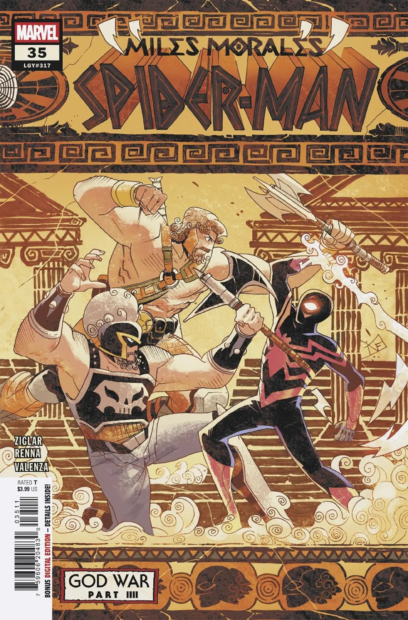 Comic book featuring Miles Morales Spider-Man battling foes in God War Part III with secrets revealed