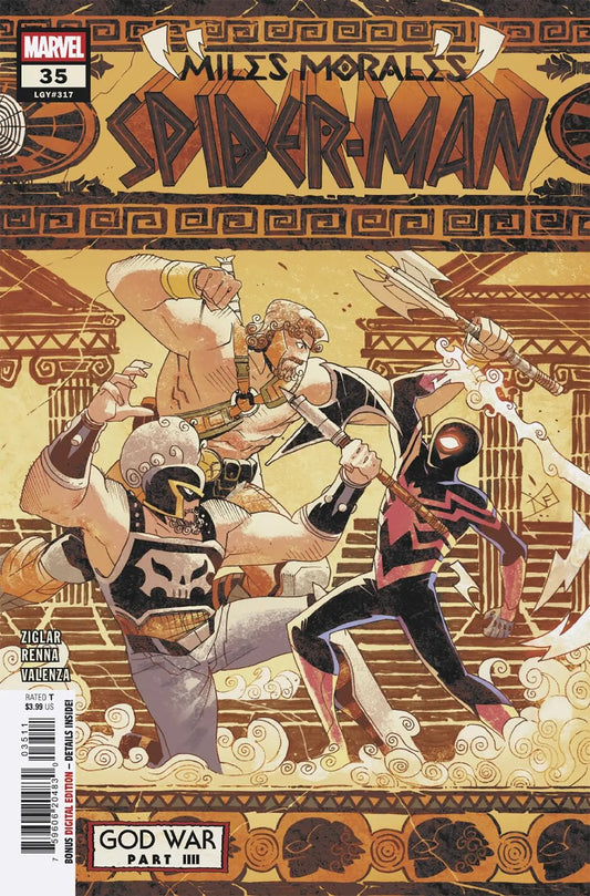 Comic book featuring Miles Morales Spider-Man battling foes in God War Part III with secrets revealed