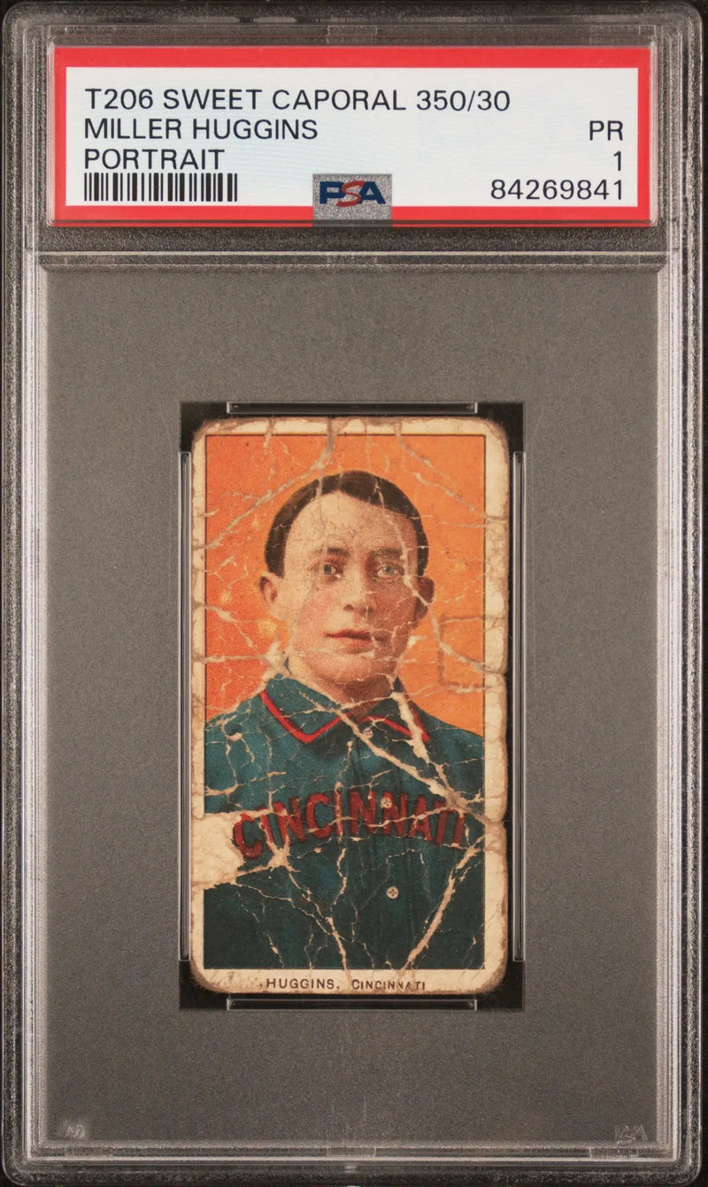 Vintage Miller Huggins T206 Sweet Caporal card in PSA holder with orange background