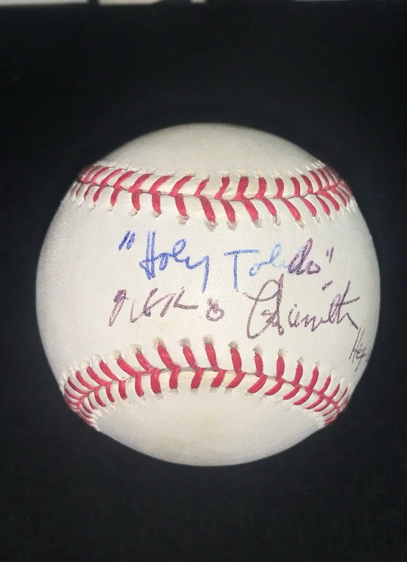 Autographed Major League Baseball with Holy Toledo inscription and Milo Hamilton signature