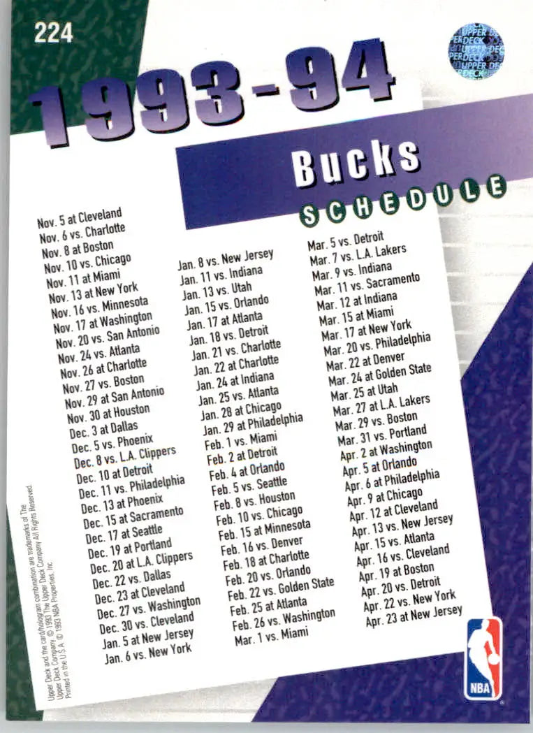 Milwaukee Bucks - 1993-94 Upper Deck - #224 - Basketball - Basketball Card Single