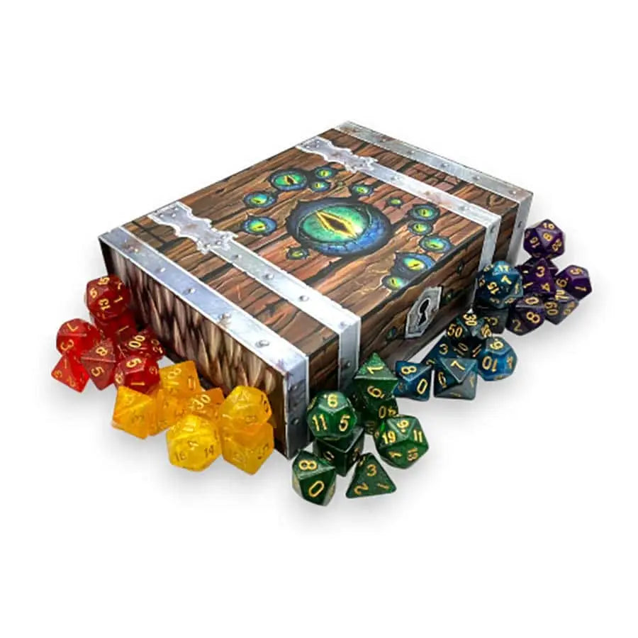 Dice chest with colorful dice sets for RPG accessory storage and RPG accessory organization