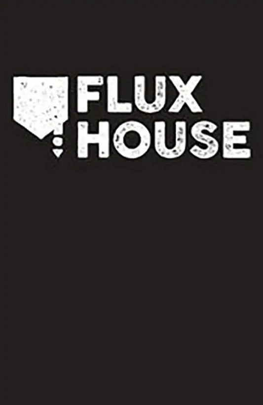 Simple black and white FLUX HOUSE logo with dripping shield for Mind Mgmt trading cards