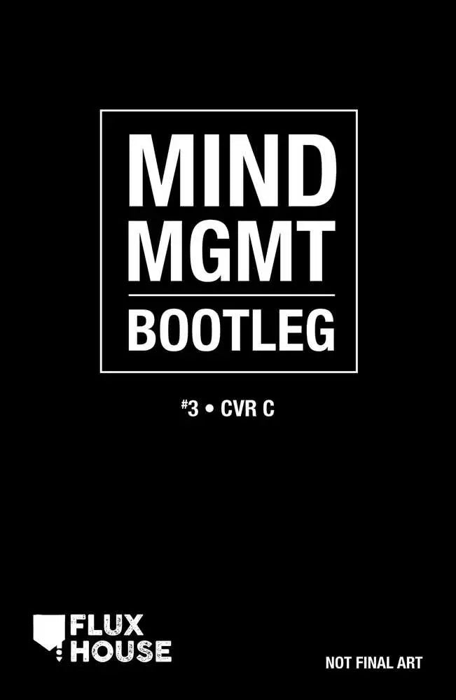 Black and white MIND MGMT BOOTLEG logo in square frame for trading cards cover art