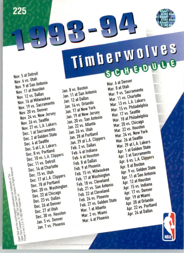 Minnesota Timberwolves - 1993-94 Upper Deck - #225 - Basketball - Basketball Card Single