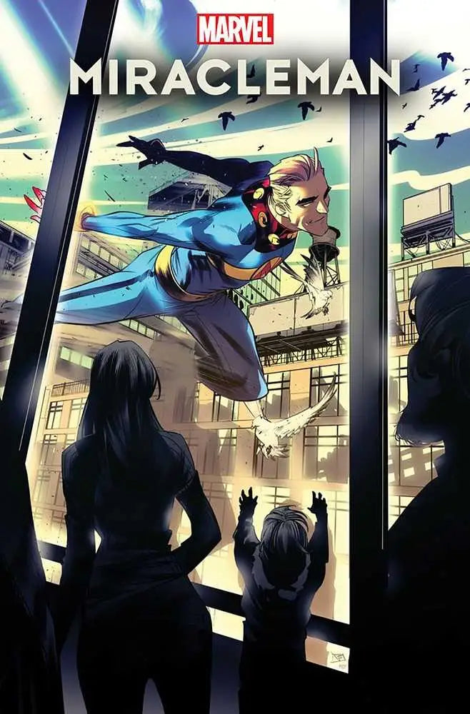 Superhero in blue and black costume leaping, featured in Miracleman Silver Age #7 variant