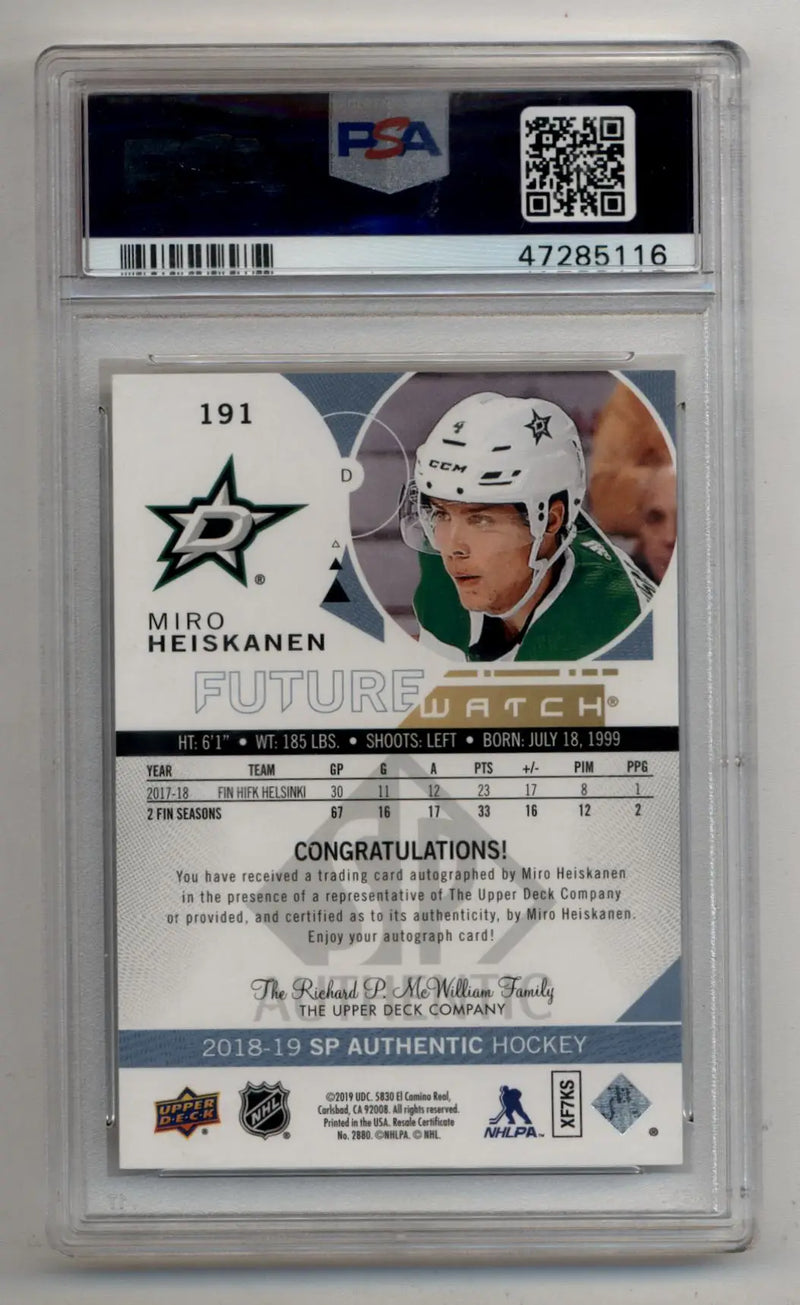 Miro Heiskanen 2018-19 SP Authentic Auto Inscription 002/999 PSA 10 Gem Mint - Hockey Card Single