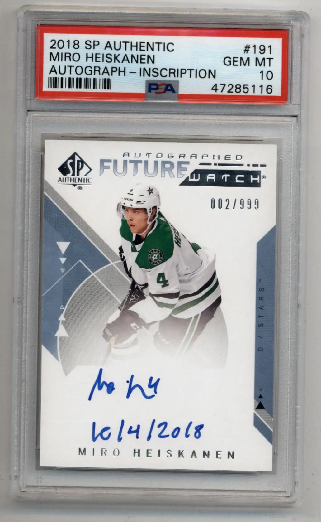 Miro Heiskanen 2018-19 SP Authentic Auto Inscription 002/999 PSA 10 Gem Mint - Hockey Card Single
