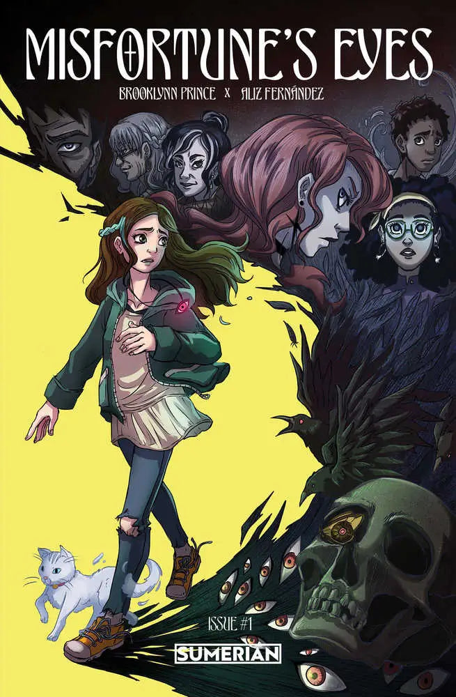 Dark fantasy comic cover Misfortune’s Eyes showcasing a young hero and skull imagery