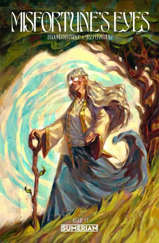 Book cover artwork of Misfortunes Eyes #1 featuring a figure in blue dress with staff