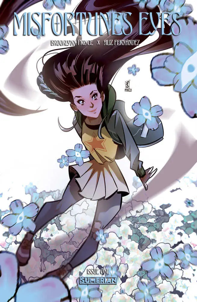 Manga-style illustration of student leaping through blue flowers for Misfortunes Eyes #1 cover