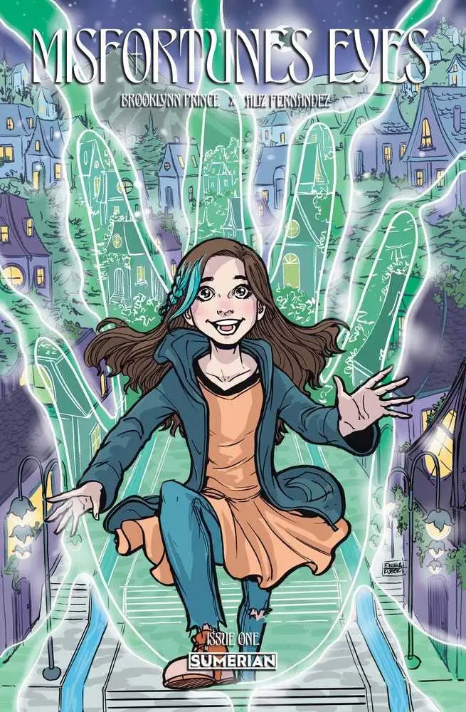 Book cover of Misfortunes Eyes #1 featuring a young girl in a fantastical city scene