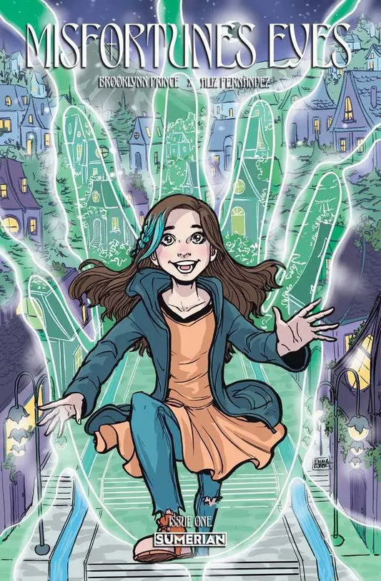 Book cover of Misfortunes Eyes #1 featuring a young girl in a fantastical city scene