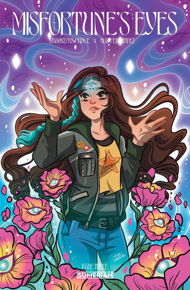 Illustrated book cover of Misfortunes Eyes #3 featuring a character with glasses amid flowers