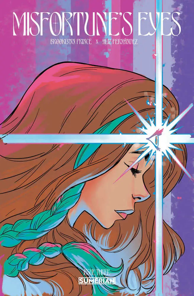 Stylized illustration of flowing brown and turquoise hair in Misfortunes Eyes #3 cover art
