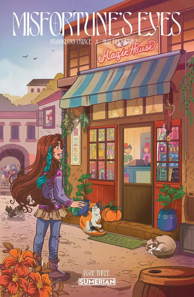 Book cover of Misfortunes Eyes #3 with autumn storefront and cats, ideal for trading cards