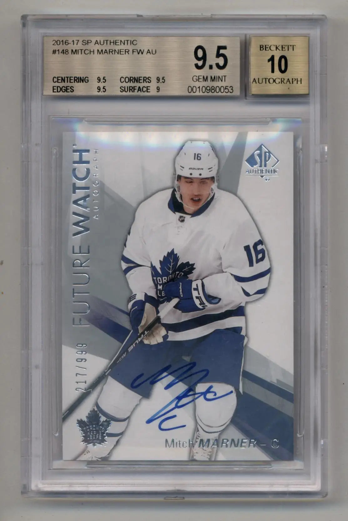 Mitch Marner 2016-17 SP Authentic #148 Future Watch Auto 217/999 BGS 9.5 Gem Mint Auto 10 - Hockey Card Single