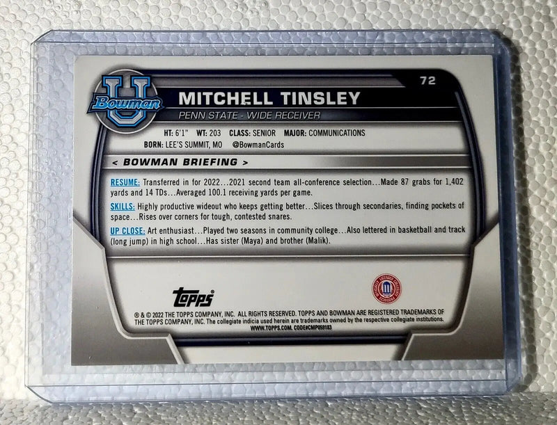 Mitchell Tinsley 2022 Topps 1st Bowman U Football #72 Card Penn State - Football Card Single