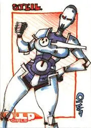 Stylized robotic figure with microphone on Mixtape 5finity Sketch Card by Jason Martin