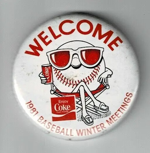 Vintage Coca-Cola baseball pin from MLB 1981 Winter Baseball Meetings in Florida