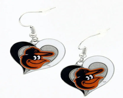Heart earrings featuring Baltimore Orioles logo in swirl heart design